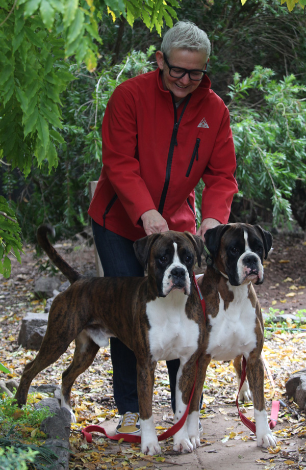 Jen with Supreme Champion Kesdar Kindred Spirit (Hunter) and his son, Champion Kesdar Fifty Shades Darker at Tonmar (Marcus)